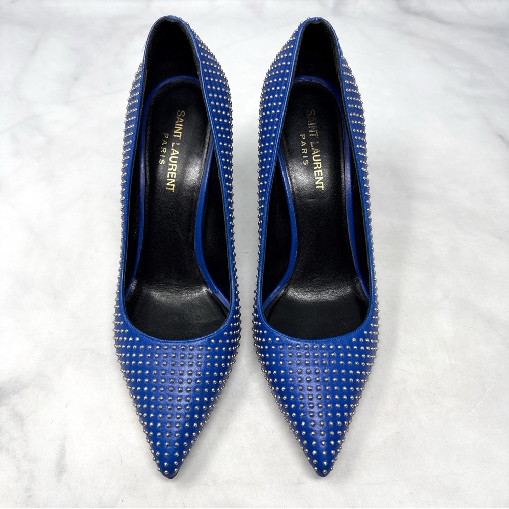 Saint Laurent Paris 80 Studded Leather Pointed Toe Stiletto Heel Pumps Blue 38 - Picture 2 of 14